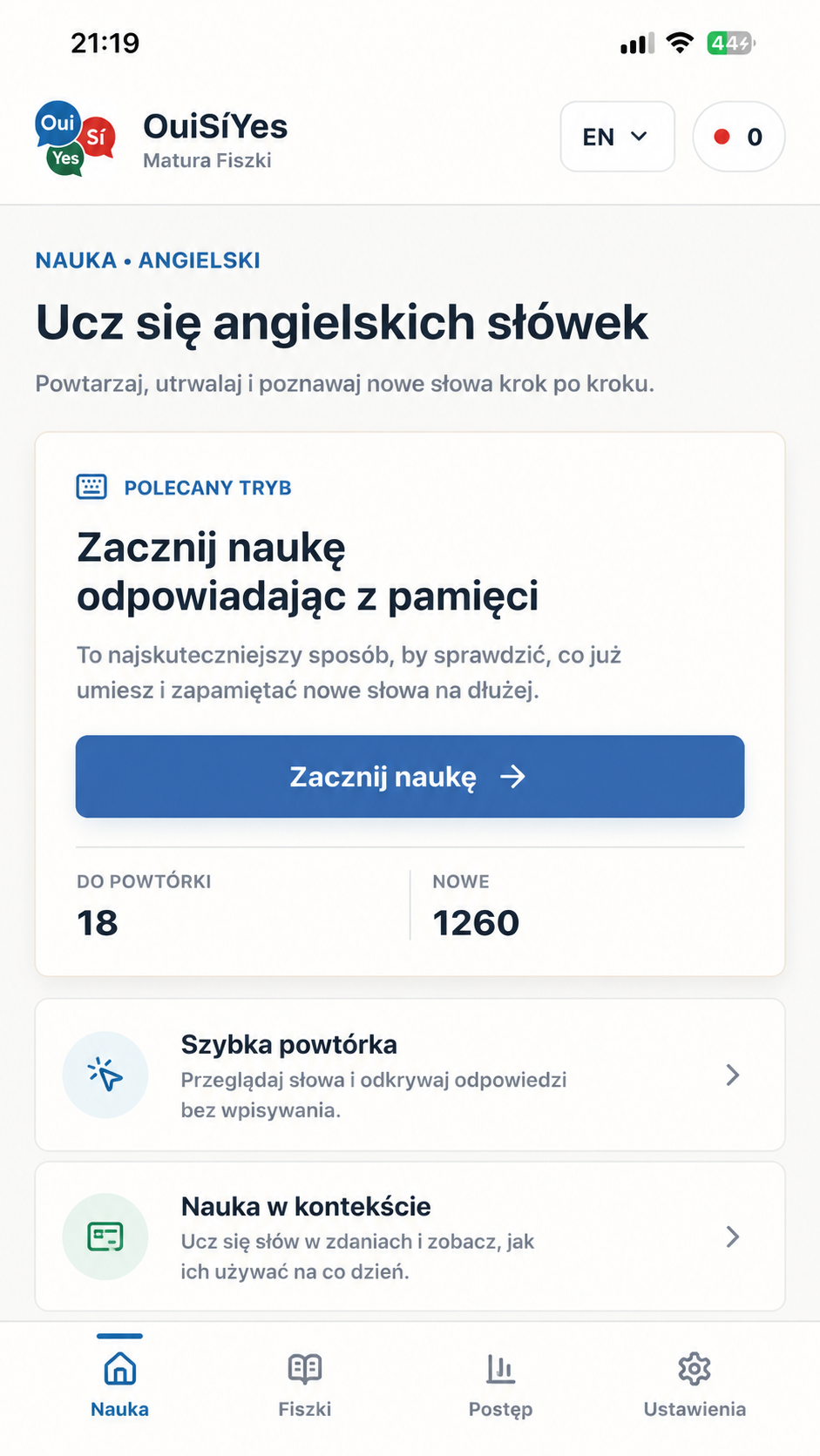 Widok startowy fiszek OuiSíYes