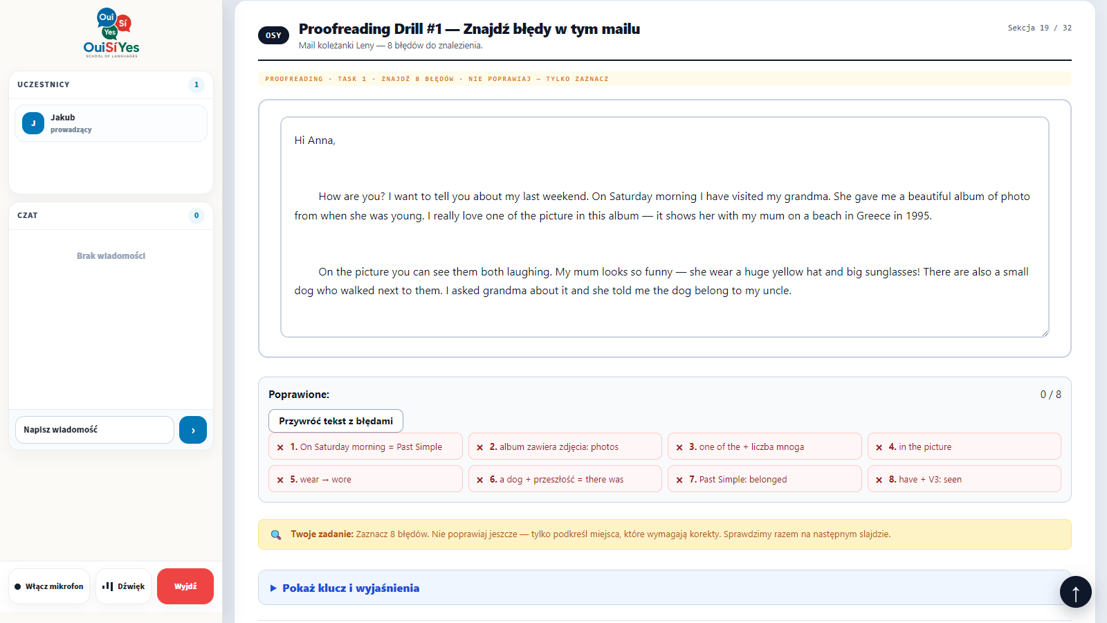 Sala online OuiSíYes z zadaniem proofreading